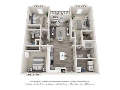 Floor plan for 3 beds, 2 baths, 1248 sqft